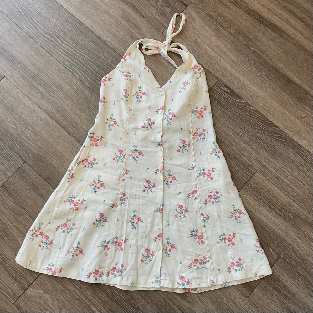 Universal Thread Cream Floral Halter Dress with Pink & Blue Blooms